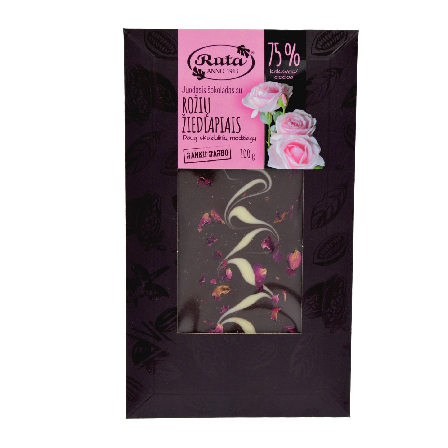 Juodasis šokoladas 75% su rožių žiedliapiais